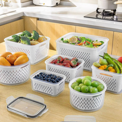 5 Pack Large Fridge Storage Containers With Removable Colander holding fruits and vegetables on kitchen counter
