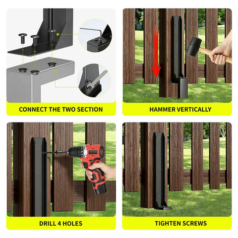 Installation of Two Pack Fence Post Repair Kit Fix Rotting Or Damaged Wood Posts Without Replacing Them With Heavy Duty Steel Brackets
