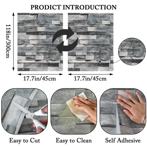 Peel And Stick Faux 3D Brick Wallpaper In Gray For Easy DIY Accent Wall Or Furniture Makeover Self Adhesive Brick Covering That Sticks To Walls Glass Cabinets And More with cutting, cleaning, and application process shown