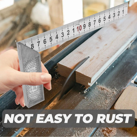Hand holding Stainless Steel 90 Degree Ruler L Square Right Angle Ruler For Woodworking And Model Making showing alignment