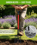 Man using Heavy Duty Garden Pitchfork 42.5 Inch One Piece With Metal Four Tines Fiberglass D Handle for soil loosening in garden