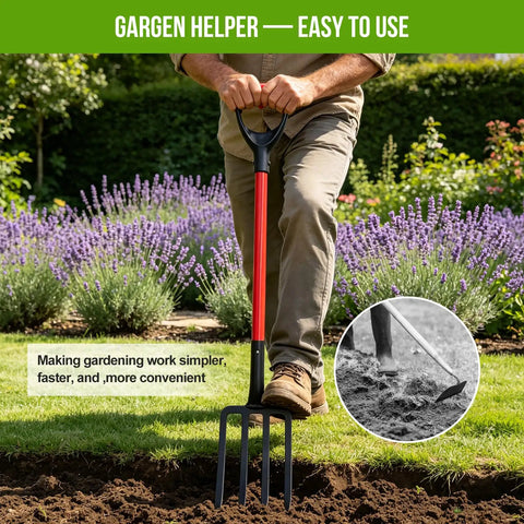 Man using Heavy Duty Garden Pitchfork 42.5 Inch One Piece With Metal Four Tines Fiberglass D Handle for soil loosening in garden