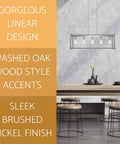 Bariston 34 Inch 5 Light Farmhouse Kitchen Island Light With Rectangular Frame In Washed Oak Wood And Brushed Nickel Finish