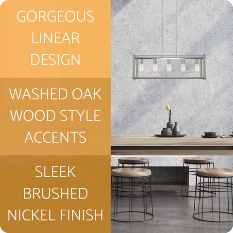 Bariston 34 Inch 5 Light Farmhouse Kitchen Island Light With Rectangular Frame In Washed Oak Wood And Brushed Nickel Finish