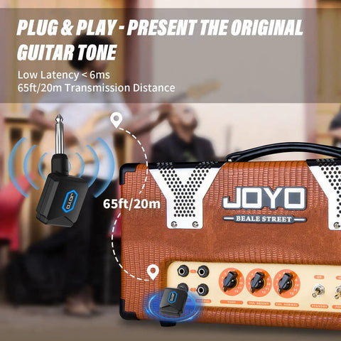 Five Point Eight Gigahertz Wireless Guitar System With Charging Case Pro Grade on amplifier, showing transmission range
