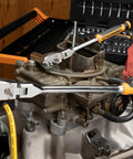 Two Piece Flex Head Teardrop Ratchet Set with 1/4 and 3/8 inch drives in use on automotive component, showcasing dual material handles.