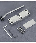 Hydraulic Door Closer With Soft Close Zinc Alloy Golden Finish No Slam Self Closing Door Hardware For 20 KG To 30 KG Doors Ideal For Home And Wood Doors Easy Install Keeps Doors Quiet And Peaceful showing components and screws laid out on a surface.