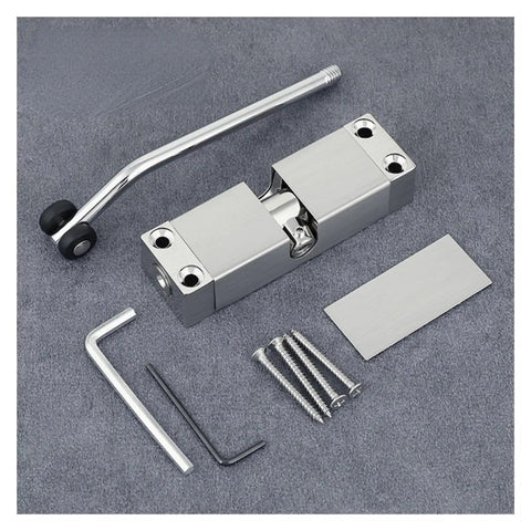 Hydraulic Door Closer With Soft Close Zinc Alloy Golden Finish No Slam Self Closing Door Hardware For 20 KG To 30 KG Doors Ideal For Home And Wood Doors Easy Install Keeps Doors Quiet And Peaceful showing components and screws laid out on a surface.