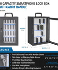 Built Tough Thirty Six Slot Cell Phone Locker Wall Mount With Matched Key Lock And Soft Inner Padding Black Steel Alloy, front view with dimensions and features.