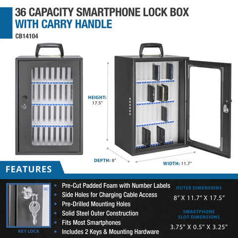 Built Tough Thirty Six Slot Cell Phone Locker Wall Mount With Matched Key Lock And Soft Inner Padding Black Steel Alloy, front view with dimensions and features.