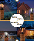 Four seasons view of Two Pack Outdoor Solar Powered LED Lamp Kit In Black No Fuss Build With Real Beveled Glass, 9 Inch by 16 Inch