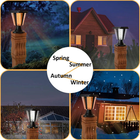 Four seasons view of Two Pack Outdoor Solar Powered LED Lamp Kit In Black No Fuss Build With Real Beveled Glass, 9 Inch by 16 Inch