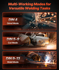 Auto Darkening Welding Helmet Pro Grade With True Color Large Viewing Screen showing grind, cut, weld modes with DIN range 4-13