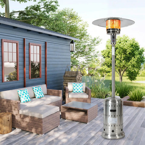 Powerful 48000 BTU Outdoor Patio Heater With Wheels And Cover Propane Stainless Steel Burner Easy Ignition beside patio furniture