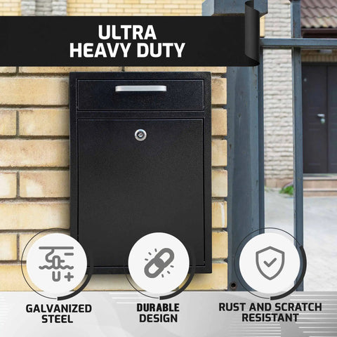 Locking Mailbox Wall Mount Outdoor Steel With Keys Large Weatherproof Drop Box attached to brick wall, galvanized steel.
