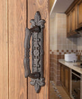 Side view of Heavy Duty 8.9 Inch Barn Door Handles 2 Pack In Rust Color Cast Iron Rustic Vintage Look Installed on Wooden Door