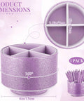 360 Degree Spin Glitter Pencil Holder In Purple PU Leather Four Compartment Desk Organizer Cup with dimensions shown