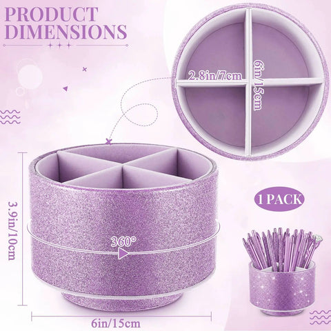 360 Degree Spin Glitter Pencil Holder In Purple PU Leather Four Compartment Desk Organizer Cup with dimensions shown