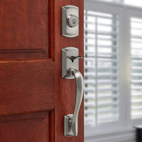 Avalon Exterior Front Door Lock Handle And Deadbolt Set In Satin Nickel Pick Resistant SmartKey Rekey Security Exterior Only Microban