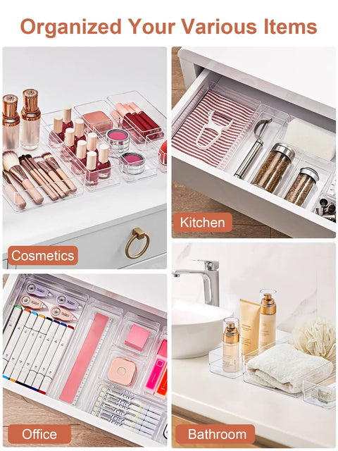 22 Piece Drawer Organizer Set With Non Slip Silicone Pads Clear 4 Size Trays For Makeup Jewelry Utensils in various drawers