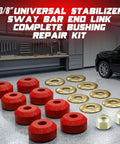Beefed-Up Three Eighths Inch Universal Sway Bar End Link Repair Kit For A Pair Of Links Includes Code Red Grommets Washers And Nuts fully shown