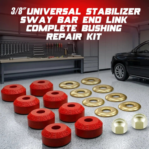 Beefed-Up Three Eighths Inch Universal Sway Bar End Link Repair Kit For A Pair Of Links Includes Code Red Grommets Washers And Nuts fully shown