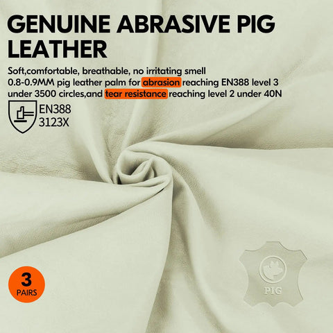 Close-up of genuine abrasive pig leather for Three Pairs Unlined Mens Pigskin Leather Work Gloves Drivers Gloves Size XL