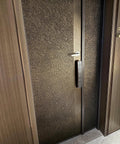Two Pack Stick On Door Handles 6 Inch Self Adhesive Cabinet Handles Gray With Easy Peel And Stick Installation No Drill No Damage To Doors Ideal For Cabinets Sliding Screens Closets Showers Glass Windows Outdoor And Garage Pulls installed on textured brown door.