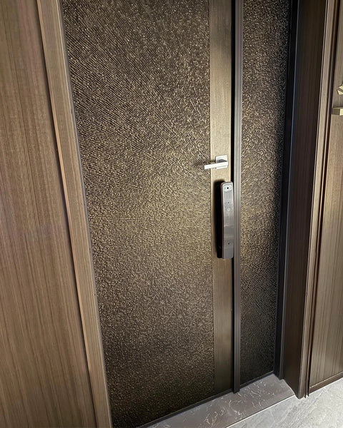 Two Pack Stick On Door Handles 6 Inch Self Adhesive Cabinet Handles Gray With Easy Peel And Stick Installation No Drill No Damage To Doors Ideal For Cabinets Sliding Screens Closets Showers Glass Windows Outdoor And Garage Pulls installed on textured brown door.