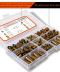 Durable Zinc Alloy Threaded Wood Inserts Kit 150 Pieces Hex Socket Flanged Nuts M4 M5 M6 M8 M10 For Softwood Projects Built To Last With Corrosion Resistant Construction Ideal For Wooden Furniture Repairs And DIY, shown in storage box.