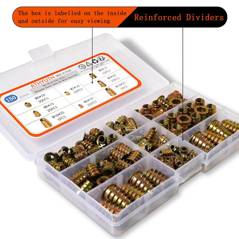 Durable Zinc Alloy Threaded Wood Inserts Kit 150 Pieces Hex Socket Flanged Nuts M4 M5 M6 M8 M10 For Softwood Projects Built To Last With Corrosion Resistant Construction Ideal For Wooden Furniture Repairs And DIY, shown in storage box.
