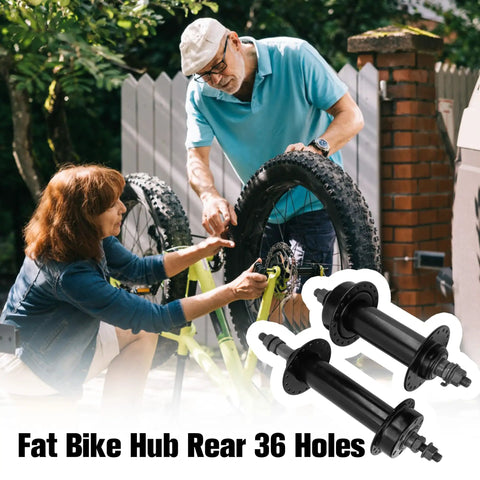 Beefy Fat Tire Mountain Bike Hub Set for 26x4.0 Snow Biking Front 135mm Rear 190mm Through Axle 36 Hole Aluminum Alloy Quick Release Hubs Disc Brake Compatible Black Finish Easy Fix Upgrade with people fixing a bike