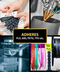 3D printer adhesive gel collage: nozzle with molten plastic, filament spools, and sample sheets; center reads ADHERES PLA, ABS, PETG, TPU