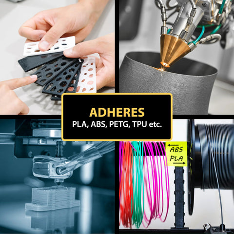 3D printer adhesive gel collage: nozzle with molten plastic, filament spools, and sample sheets; center reads ADHERES PLA, ABS, PETG, TPU