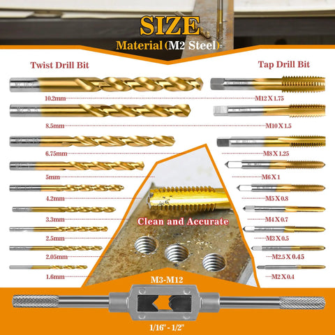 18 Piece Metric Drill And Tap Set With Tap Wrench M2 To M12 HSS Thread Taps And Drills For Metal Working in detailed view