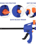 Woodworking Bar Clamps 4 Inch Set of 2 Quick Release One Handed Clamps With Hardened Steel Bar And Soft PVC Pads For Small DIY Projects 65 Lb Clamping Force Blue, showing reversible pad structure and quick release trigger