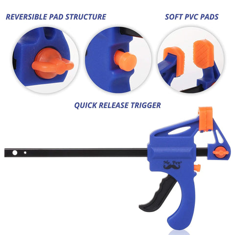 Woodworking Bar Clamps 4 Inch Set of 2 Quick Release One Handed Clamps With Hardened Steel Bar And Soft PVC Pads For Small DIY Projects 65 Lb Clamping Force Blue, showing reversible pad structure and quick release trigger
