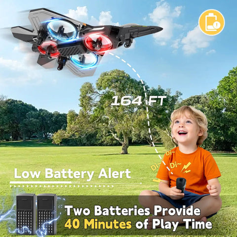 Foam Remote Control Airplane With Light For Kids And Grownups 360 Degree Flip Fighter Jet flying above a smiling child outdoors