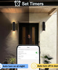 Up And Down Outdoor Wall Sconce With APP Control, RGB CCT Color Changing Exterior Light Fixture illuminating porch at night