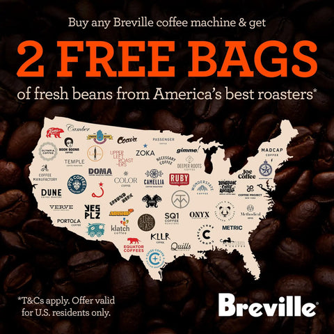 Promotional image for Breville coffee machines offering 2 free bags of beans from various roasters across the USA.