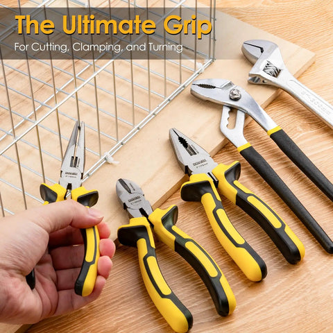 Yellow-handled pliers and wrenches on wooden surface as part of the 185 Piece Tool Set With General Household Hand Tool Kit And Toolbox Storage Case For Home Repair All In One Heavy Duty Durable Chrome Finish Anti Corrosive Steel Comfortable TPR Handles Comprehensive DIY Tools For Everyday Projects.