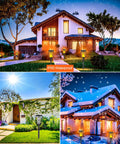 Low Voltage Torch Landscape Lights With Timer Transformer And Connectors, 12V Pathway Lights in rainy, sunny, and snowy settings.