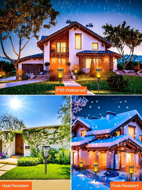 Low Voltage Torch Landscape Lights With Timer Transformer And Connectors, 12V Pathway Lights in rainy, sunny, and snowy settings.