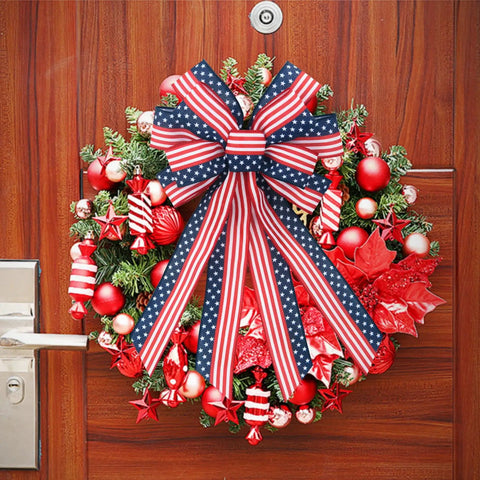Two Pack Large Patriotic Wreath Bows 20x12 Inches Red White And Blue Star And Stripe Pattern Reusable Outdoor Indoor Front Door Decoration For Memorial Day Labor Day Fourth Of July Home Decor on wooden door