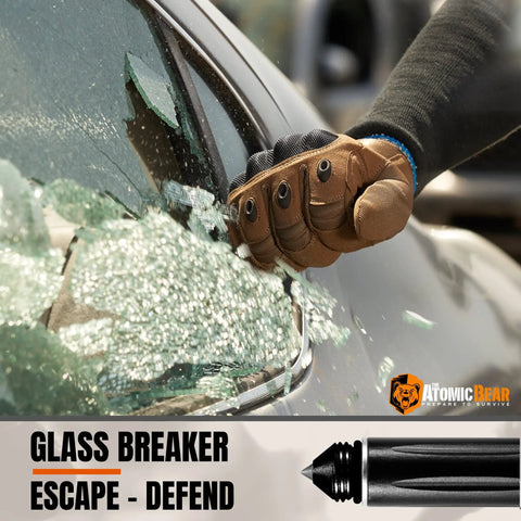 All In One Tactical Pen With Built In Flashlight, Glass Breaker, Bottle Opener, And Multi Tool glass breaker in action on car window