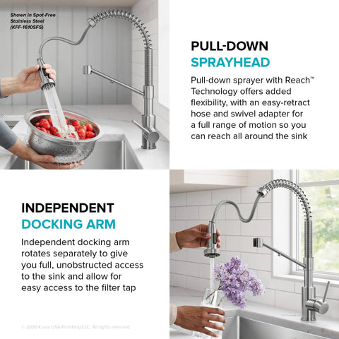 KRAUS Bolden 2-in-1 Pull Down Kitchen Faucet with Integrated Water Filter Tap for Reverse Osmosis or Water Filtration System in Spot-Free Antique Champagne Bronze/Matte Black, KFF-1610SFACBMB showing pull-down sprayhead in action over a bowl of strawberries.