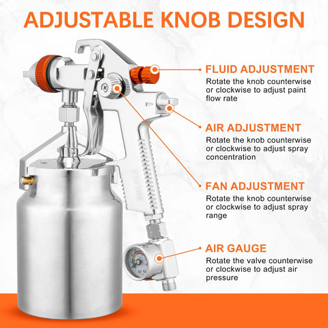 Adjustable knob design of Pro Grade HVLP Siphon Paint Spray Gun Featuring 1000CC Aluminum Cup And Built In Pressure Regulator.