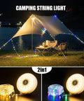 4 In 1 Camping Lantern And String Lights 32.8 Ft Outdoor Lighting Kit set up in tent at night by lakeside with chairs and table