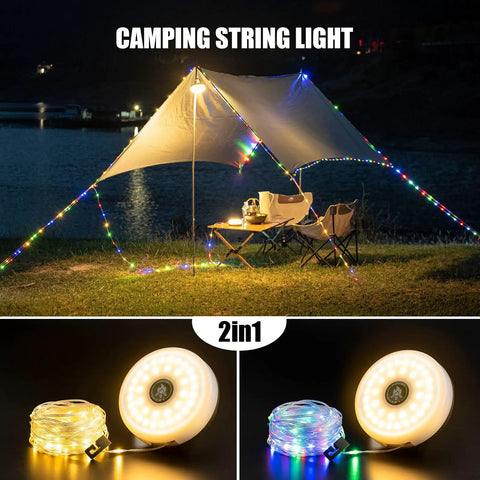 4 In 1 Camping Lantern And String Lights 32.8 Ft Outdoor Lighting Kit set up in tent at night by lakeside with chairs and table