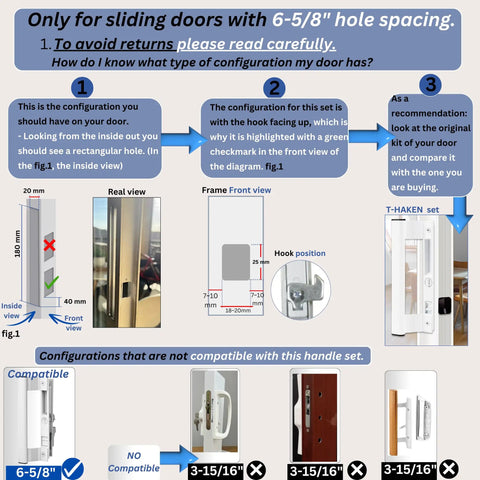 Diagram illustrating installation options and specifications for Sliding Glass Door Handle Set With Lock In White Aluminum Finish.